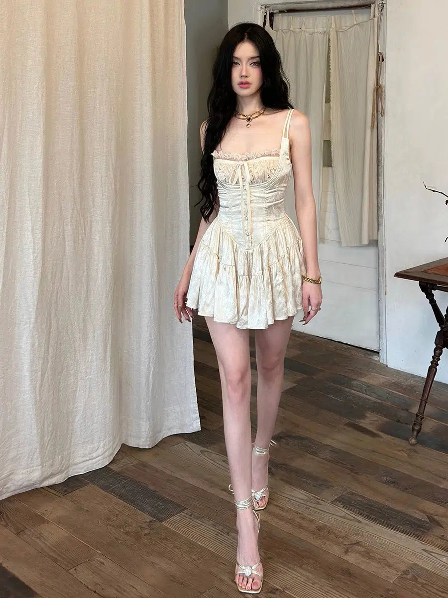 Lace Trim Square Neck Corset Bow Tie Tiered Jacquard Satin Mini Dress
