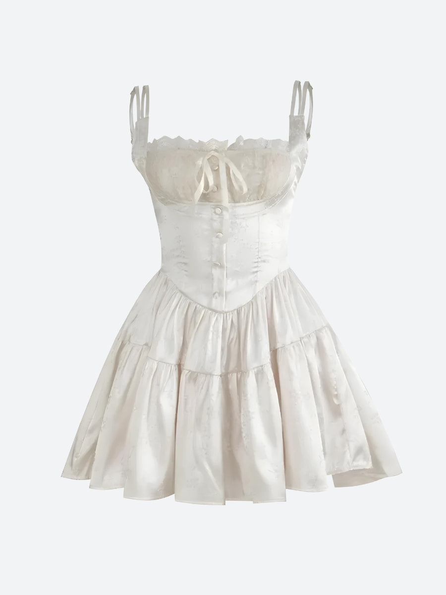 Lace Trim Square Neck Corset Bow Tie Tiered Jacquard Satin Mini Dress