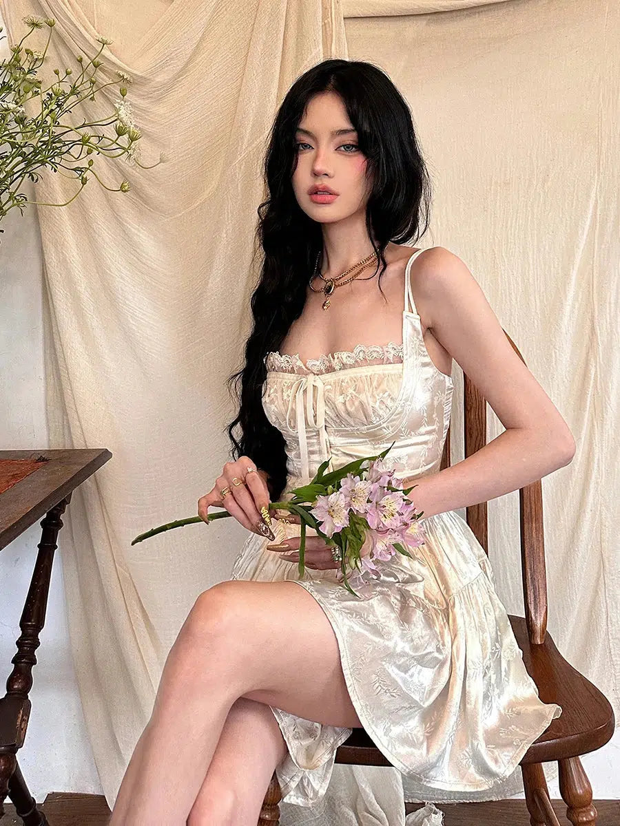 Lace Trim Square Neck Corset Bow Tie Tiered Jacquard Satin Mini Dress
