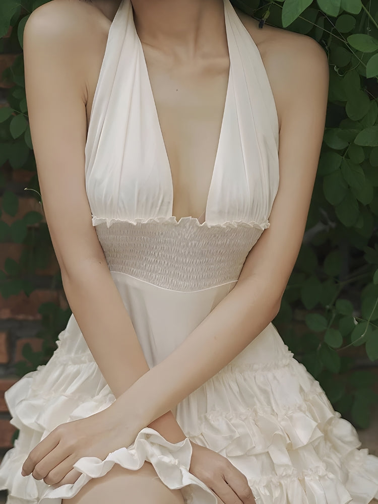 Halter Plunge V-Neck Smocked Waist Tiered Ruffle Skirted Swim Dress