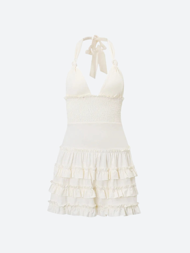 Halter Plunge V-Neck Smocked Waist Tiered Ruffle Skirted Swim Dress