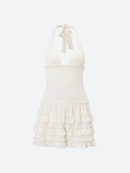 Halter Plunge V-Neck Smocked Waist Tiered Ruffle Skirted Swim Dress