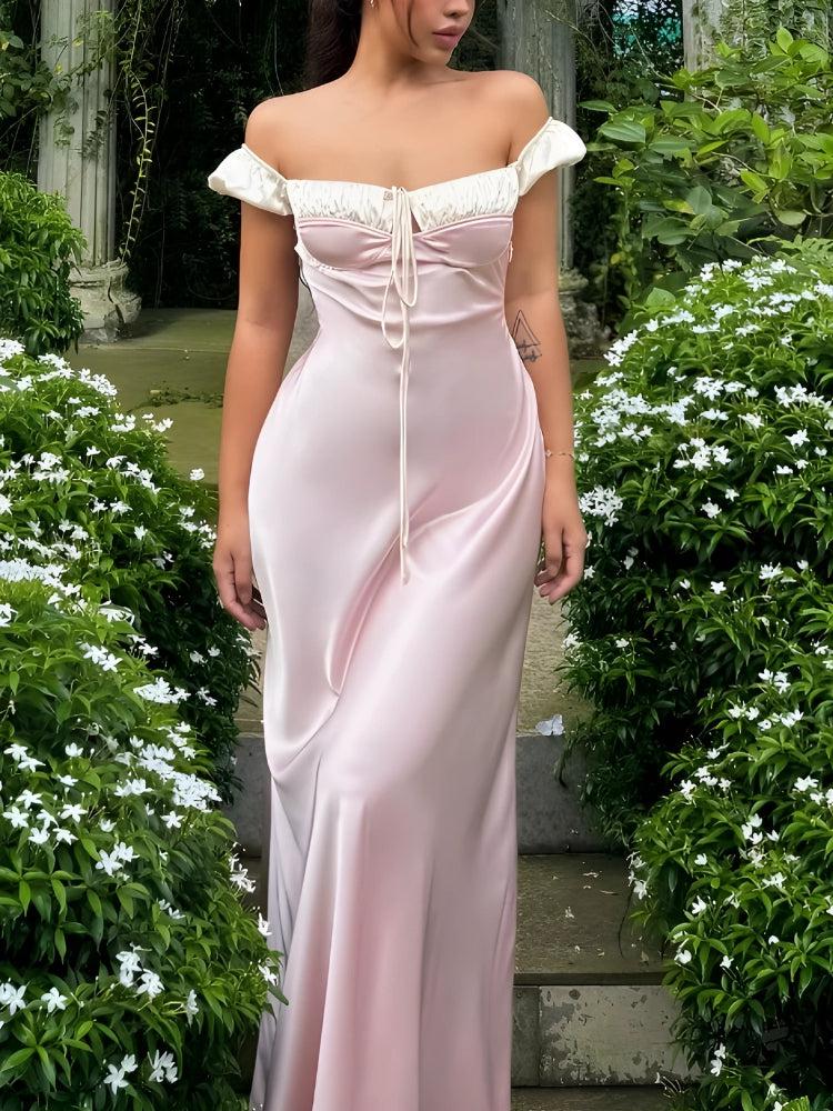 Off-Shoulder Bustier Tie-Front Ruffled Puff Sleeve Satin Maxi Dress