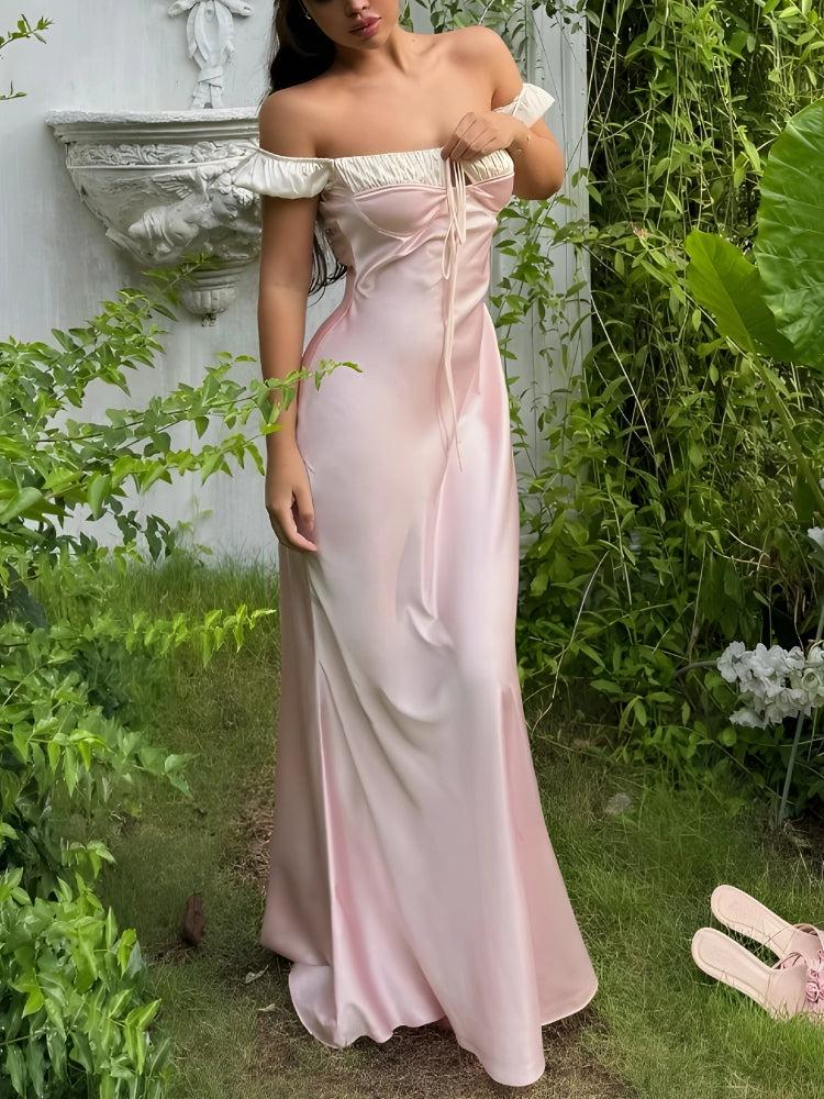 Off-Shoulder Bustier Tie-Front Ruffled Puff Sleeve Satin Maxi Dress