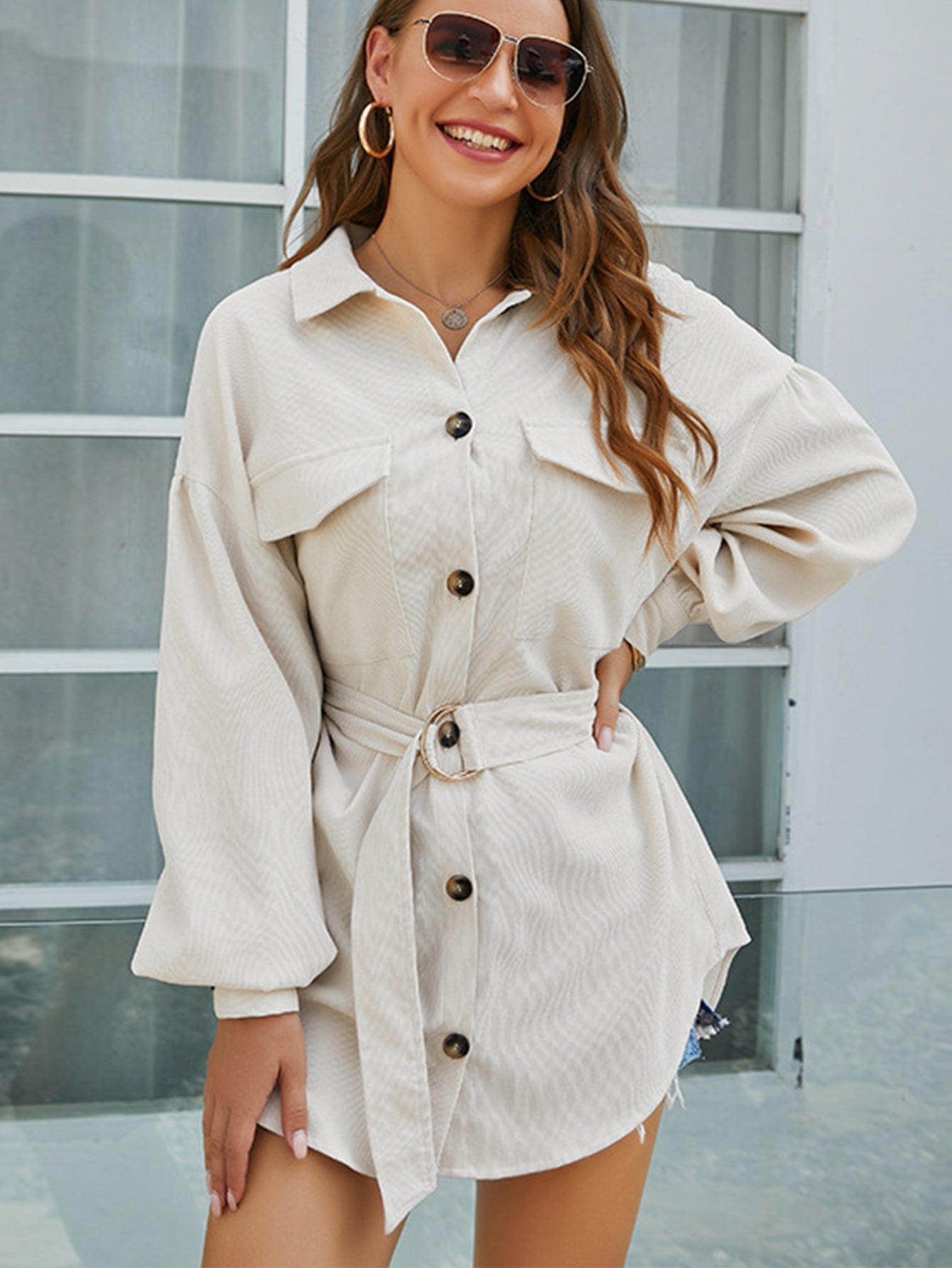 Corduroy Chest Pocket Self-Tie Belt Longline Shirt Dress