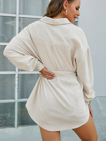 Corduroy Chest Pocket Self-Tie Belt Longline Shirt Dress