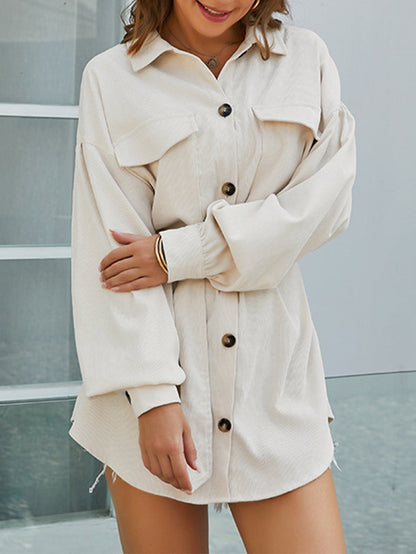 Corduroy Chest Pocket Self-Tie Belt Longline Shirt Dress