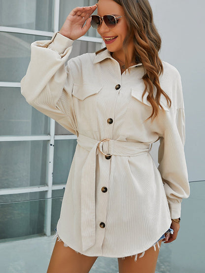 Corduroy Chest Pocket Self-Tie Belt Longline Shirt Dress