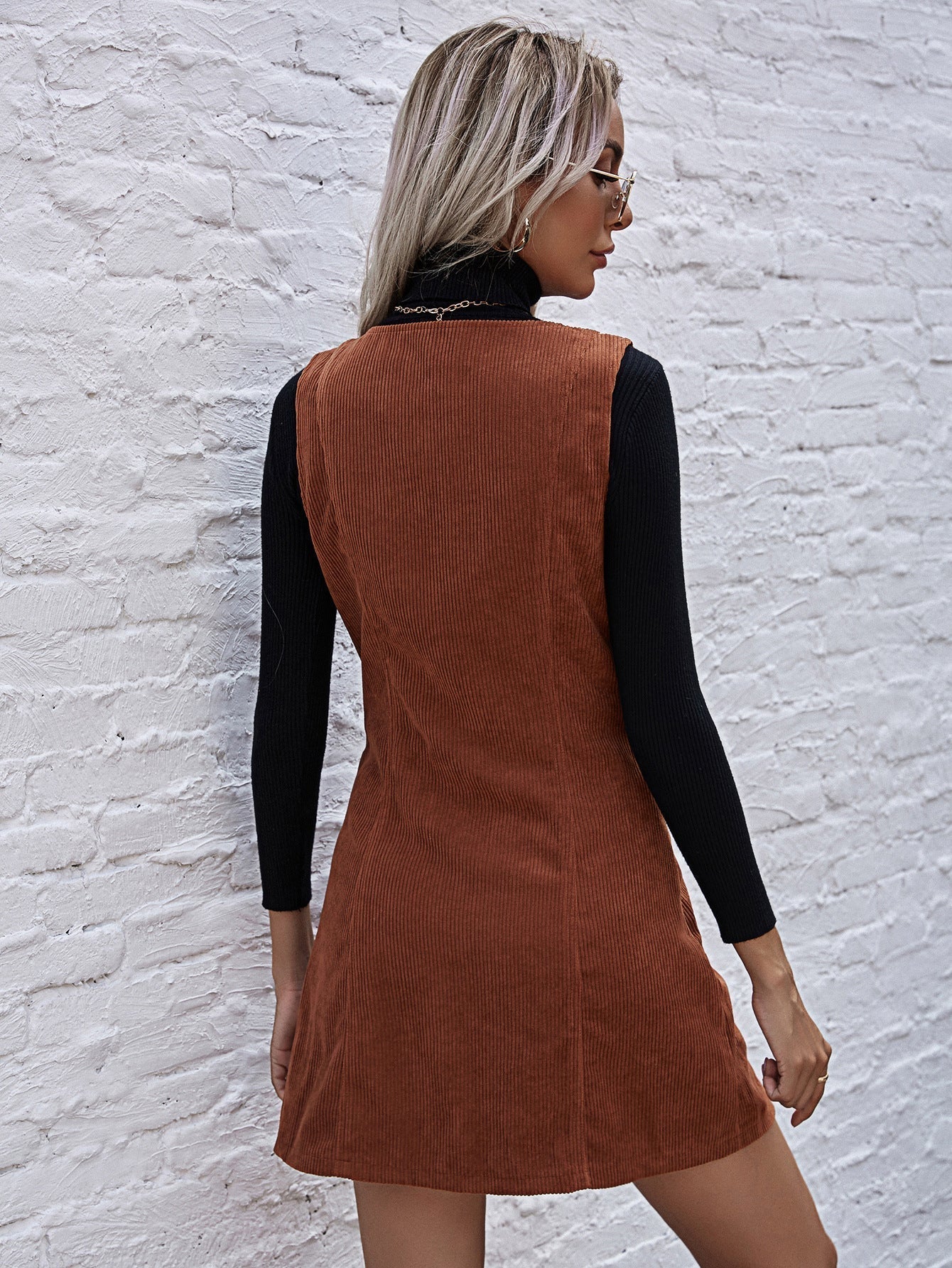 Button Front V Neck Corduroy Pinafore Mini Dress
