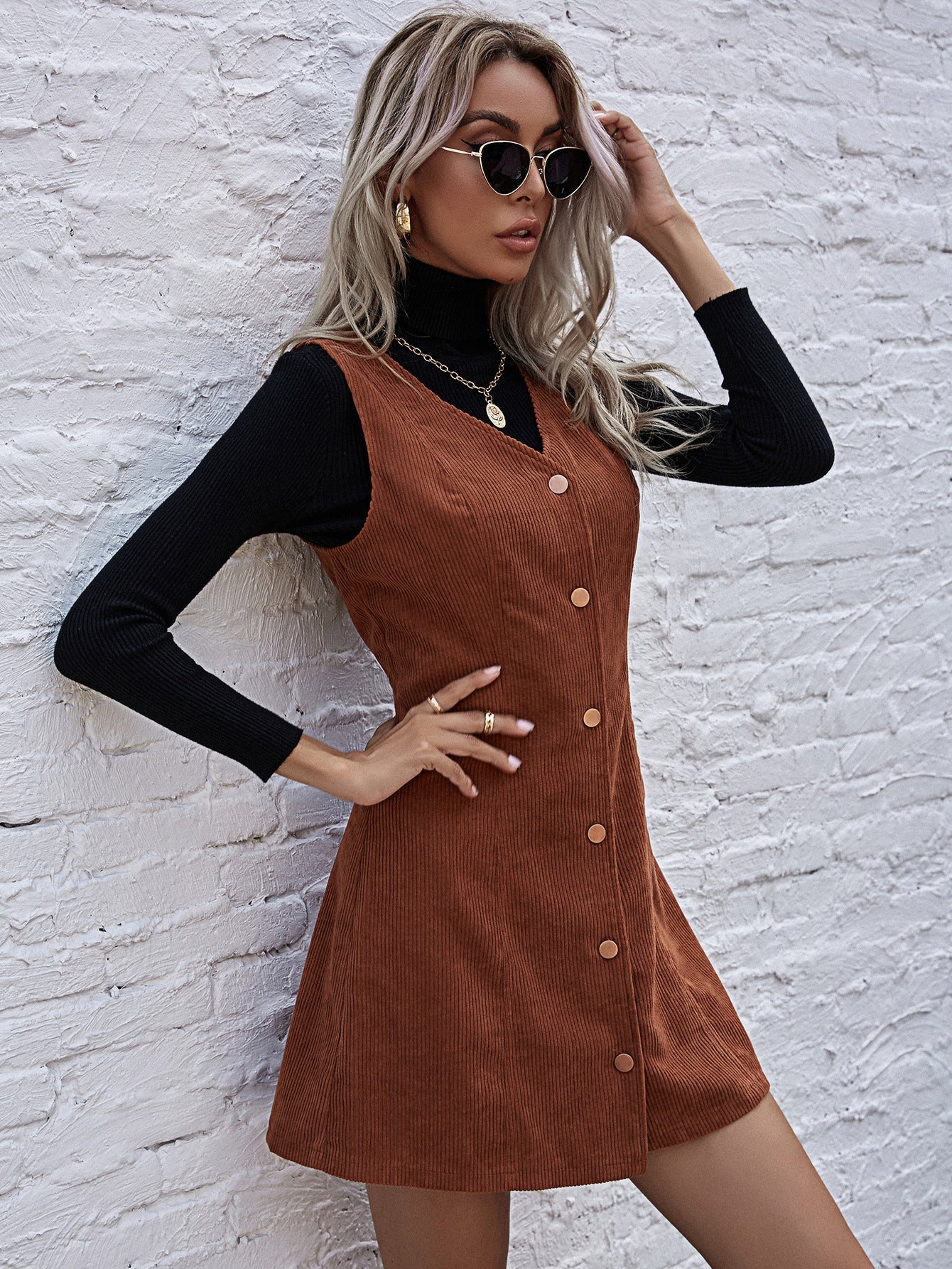Button Front V Neck Corduroy Pinafore Mini Dress
