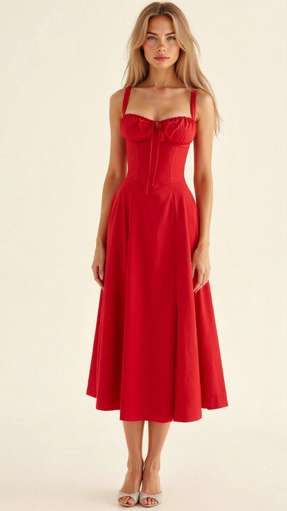 Corset Midi Dress – Tailored Waist and Flowing Skirt