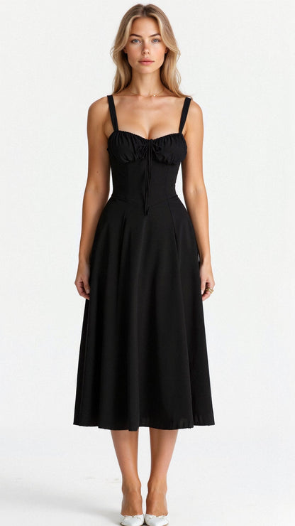 Corset Midi Dress – Tailored Waist and Flowing Skirt