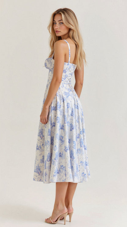 Corset Midi Dress – Tailored Waist and Flowing Skirt