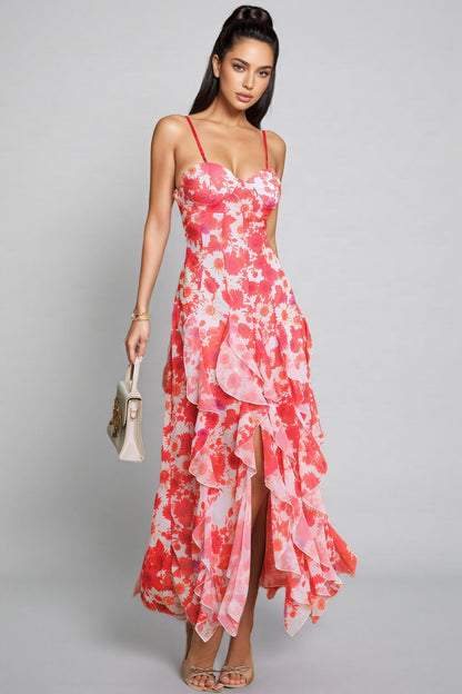 Caldrek Spaghetti Floral Ruffle Maxi Dress