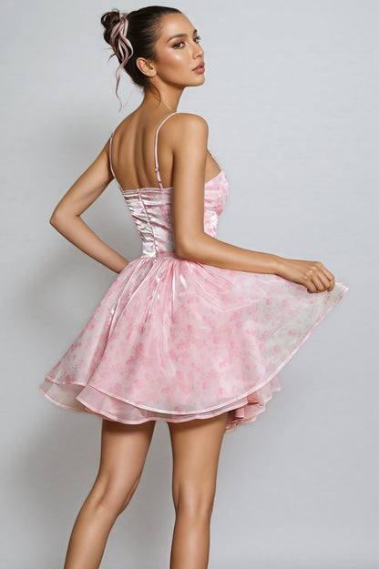 Cyzon Spaghetti Floral Printed Ruffle Mini Dress