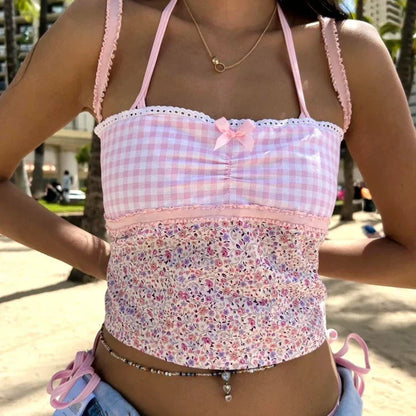 Cottage Floral Plaid Patchwork Y2K Lace Trim Backless Tie Up Retro Vest Crop Top