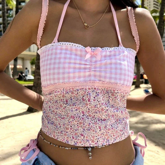 Cottage Floral Plaid Patchwork Y2K Lace Trim Backless Tie Up Retro Vest Crop Top