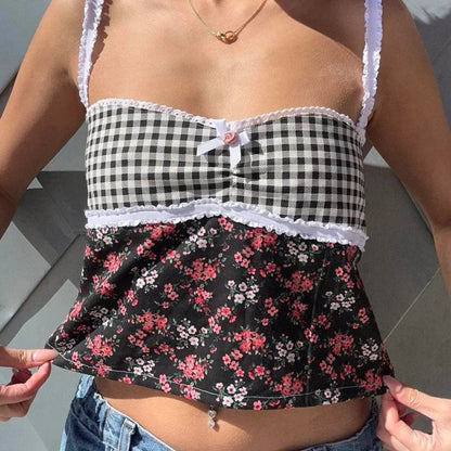 Cottage Floral Plaid Patchwork Y2K Lace Trim Backless Tie Up Retro Vest Crop Top