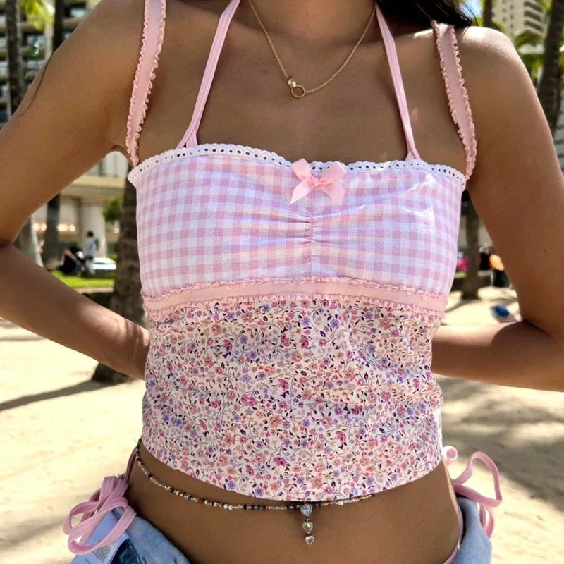 Cottage Floral Plaid Patchwork Y2K Lace Trim Backless Tie Up Retro Vest Crop Top