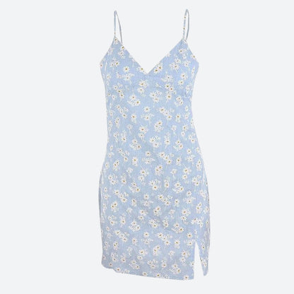 Ditsy Floral Spaghetti Strap V-Neck Side Slit Bodycon Mini Dress