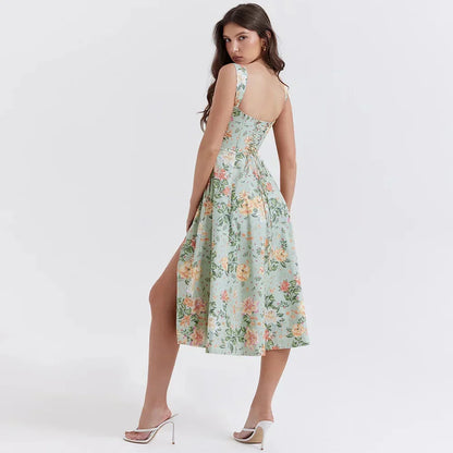 Corset Bodice Scoop Neck Floral Print A-Line Midi Dress