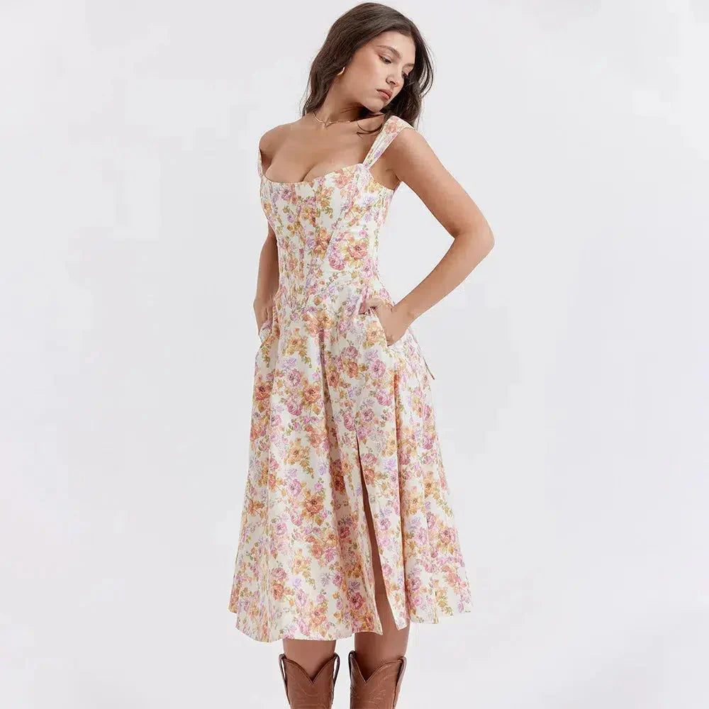 Corset Bodice Scoop Neck Floral Print A-Line Midi Dress