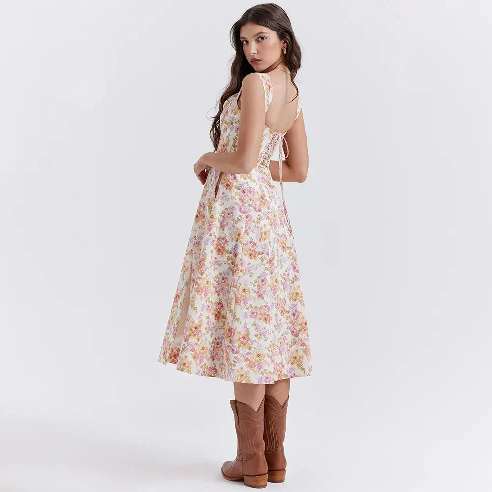 Corset Bodice Scoop Neck Floral Print A-Line Midi Dress