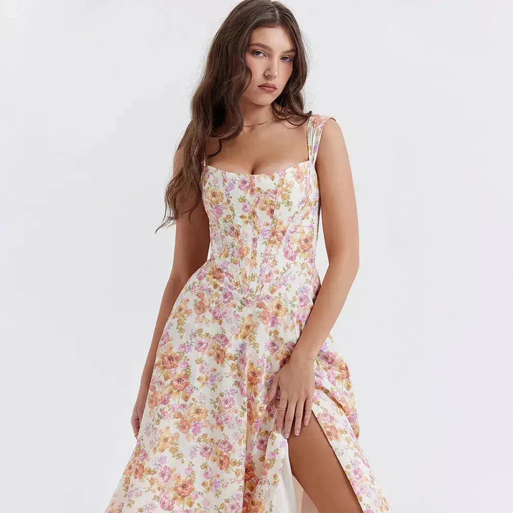 Corset Bodice Scoop Neck Floral Print A-Line Midi Dress