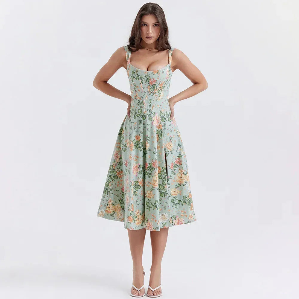Corset Bodice Scoop Neck Floral Print A-Line Midi Dress