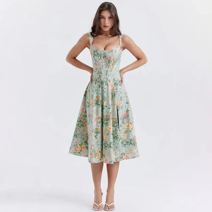 Corset Bodice Scoop Neck Floral Print A-Line Midi Dress