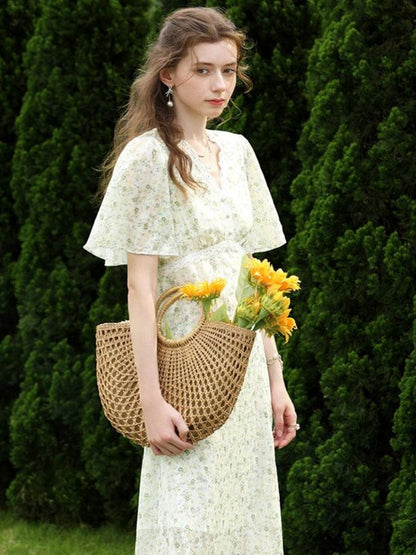 Floral Flutter Sleeve Empire Waist Lace Trim Button Front Midi Dress