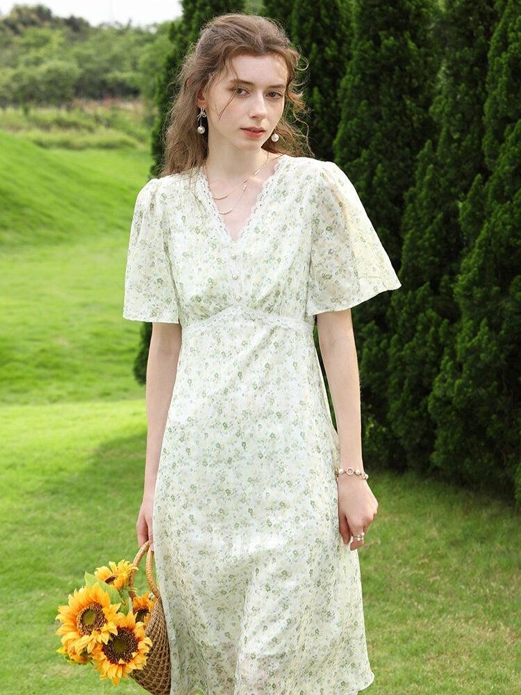 Floral Flutter Sleeve Empire Waist Lace Trim Button Front Midi Dress