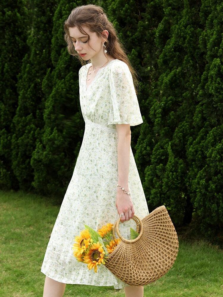 Floral Flutter Sleeve Empire Waist Lace Trim Button Front Midi Dress