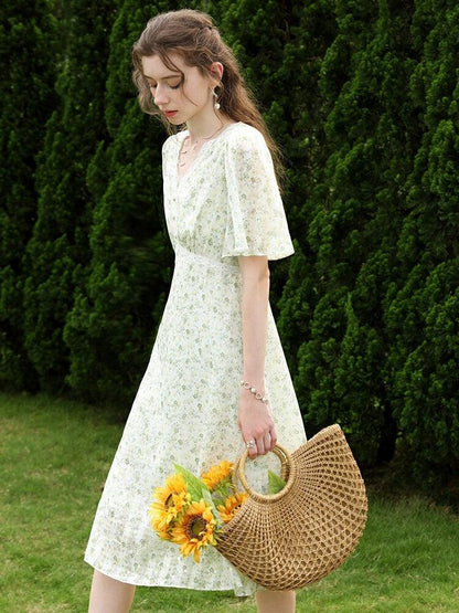 Floral Flutter Sleeve Empire Waist Lace Trim Button Front Midi Dress