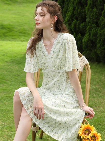 Floral Flutter Sleeve Empire Waist Lace Trim Button Front Midi Dress