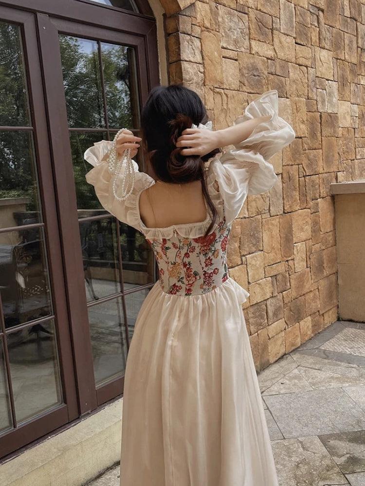 Floral Tapestry Corset Peplum Puff Sleeve Pleated Maxi Skirt Set