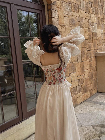 Floral Tapestry Corset Peplum Puff Sleeve Pleated Maxi Skirt Set