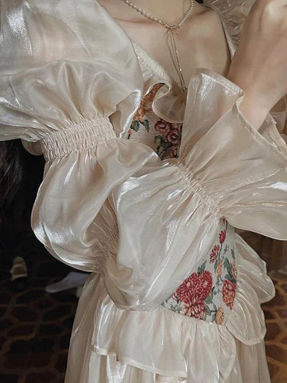 Floral Tapestry Corset Peplum Puff Sleeve Pleated Maxi Skirt Set