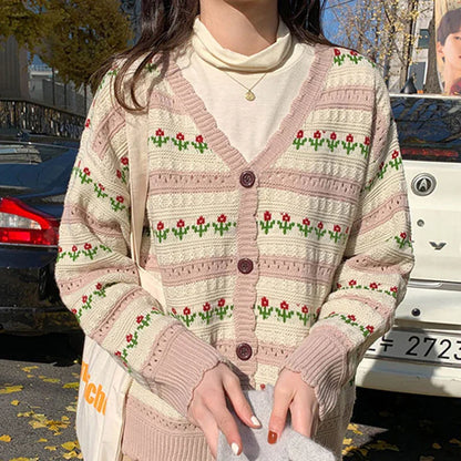 Floral Striped Textured Button Front Cardigan