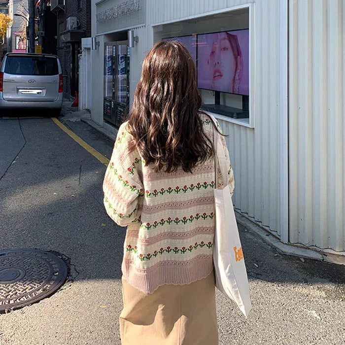 Floral Striped Textured Button Front Cardigan