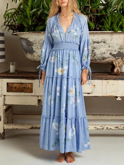 Cotton Rayon Blue Floral Embroidery Boho Dress