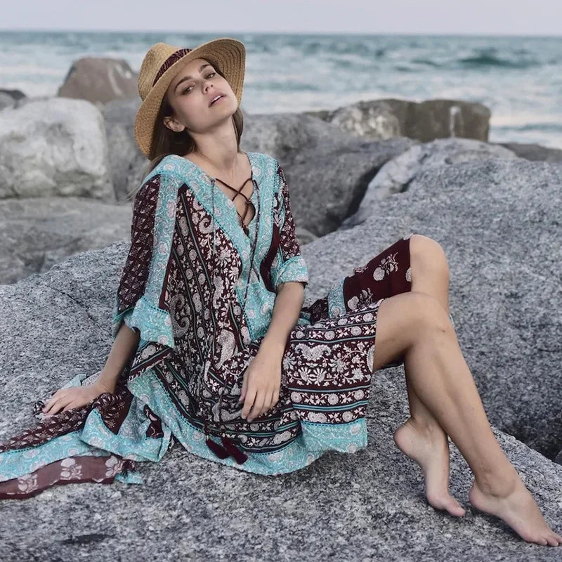 Cotton Floral Print Smock Frock Boho Cover up