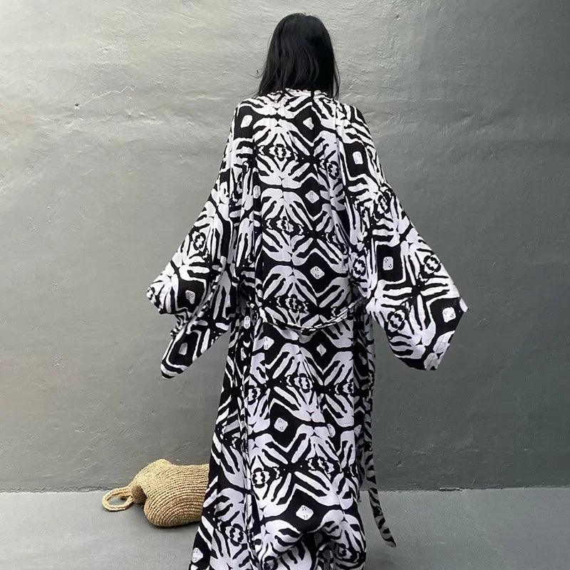Cotton Rayon Printed Self Belted Maxi Boho Cover up