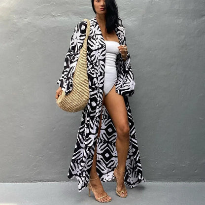 Cotton Rayon Printed Self Belted Maxi Boho Cover up
