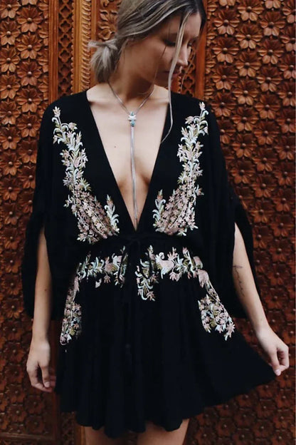 Cotton Rayon Purple Floral Embroidery Boho Dress