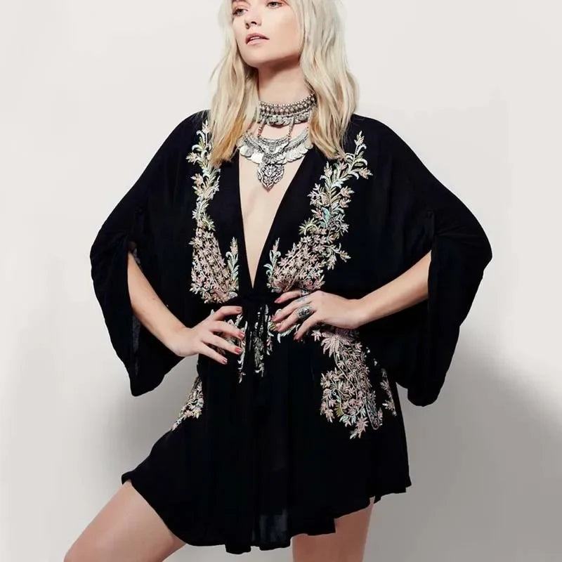 Cotton Rayon Purple Floral Embroidery Boho Dress