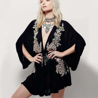 Cotton Rayon Purple Floral Embroidery Boho Dress