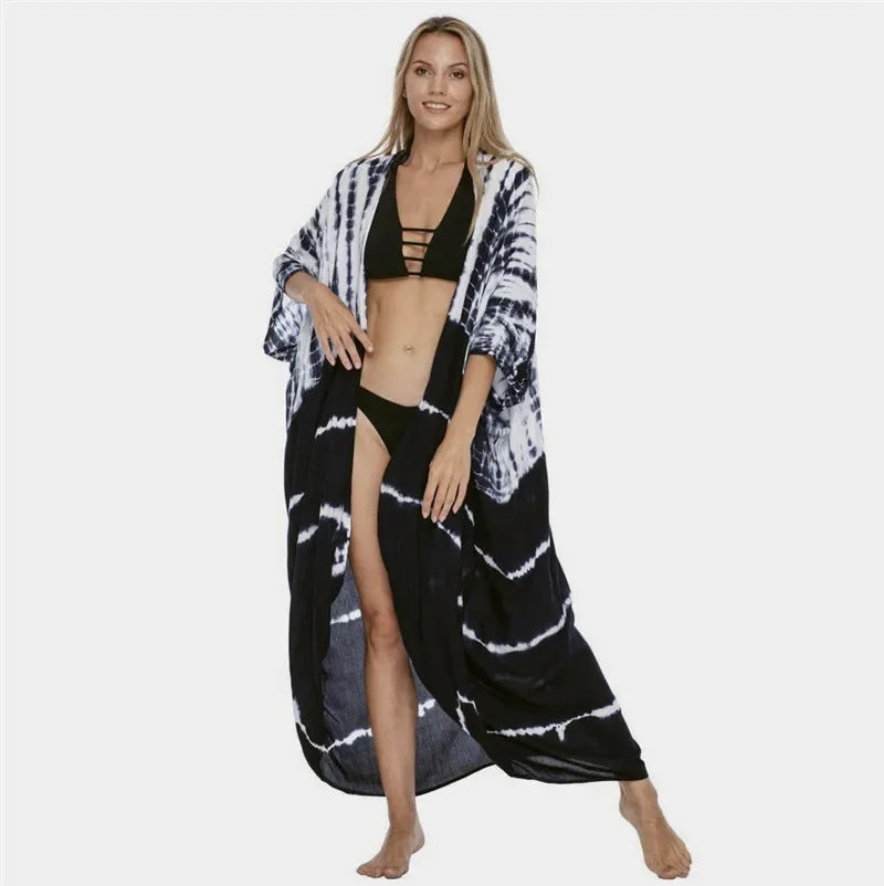 Cotton Rayon Striped Print Cardigan Boho Beach Cover up