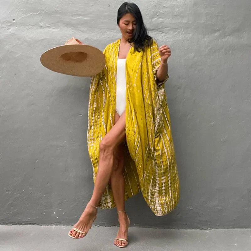 Cotton Rayon Striped Print Cardigan Boho Beach Cover up