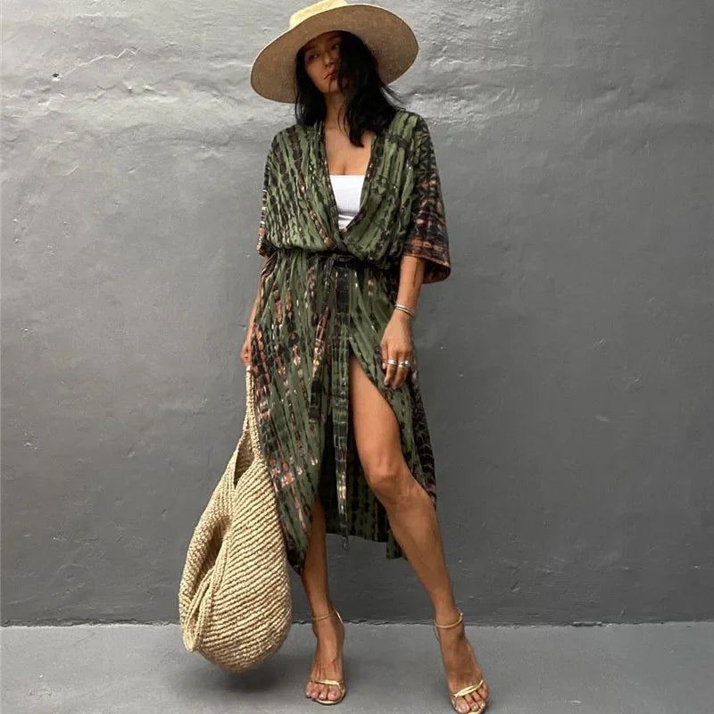 Cotton Rayon Striped Print Cardigan Boho Beach Cover up